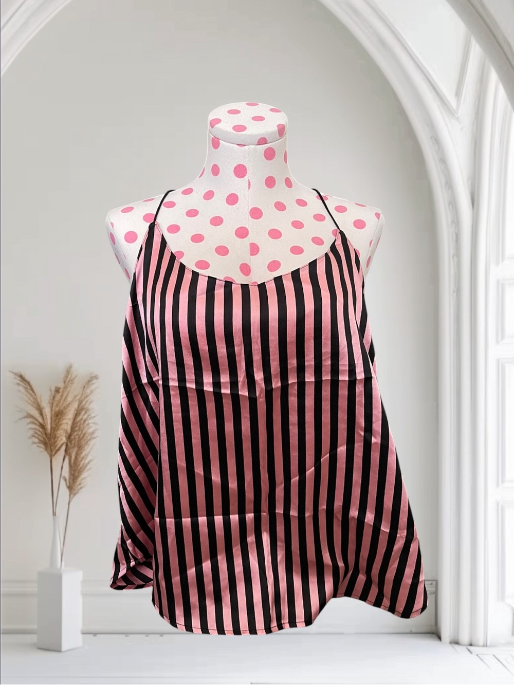 Victoria's Secret - Black and Pink Vertical Striped Satin Cami